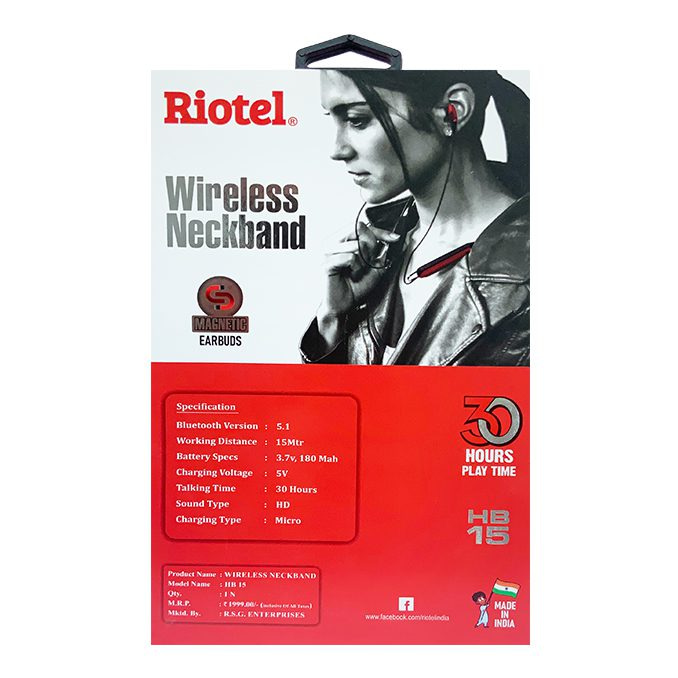 Riotel HB 15 Tunex Wireless Bluetooth Neckband With Integrated